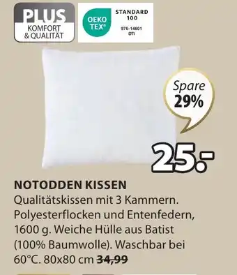 Jysk NOTODDEN KISSEN Qualitätskissen mit 3 Kammern. Polyesterflocken und Entenfedern, 1600 g. Weiche Hülle aus Batist 80x80 cm Angebot