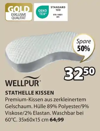 Jysk WELLPURⓇ STATHELLE KISSEN Premium-Kissen aus zerkleinertem Gelschaum. Hülle 89% Polyester/9% Viskose/2% Elastan. 35x60x15 cm Angebot