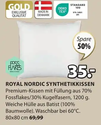 Jysk ROYAL NORDIC SYNTHETIKKISSEN Premium-Kissen mit Füllung aus 70% Fossflakes/30% Kugelfasern, 1200 g.80x80 cm Angebot