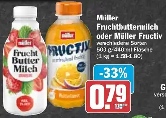 Hit Müller Fruchtbuttermilch oder Müller Fructiv 500 g/440 ml Flasche Angebot