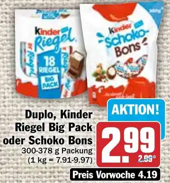 Hit Duplo, Kinder Riegel Big Pack oder Schoko Bons 300-378 g Packung Angebot