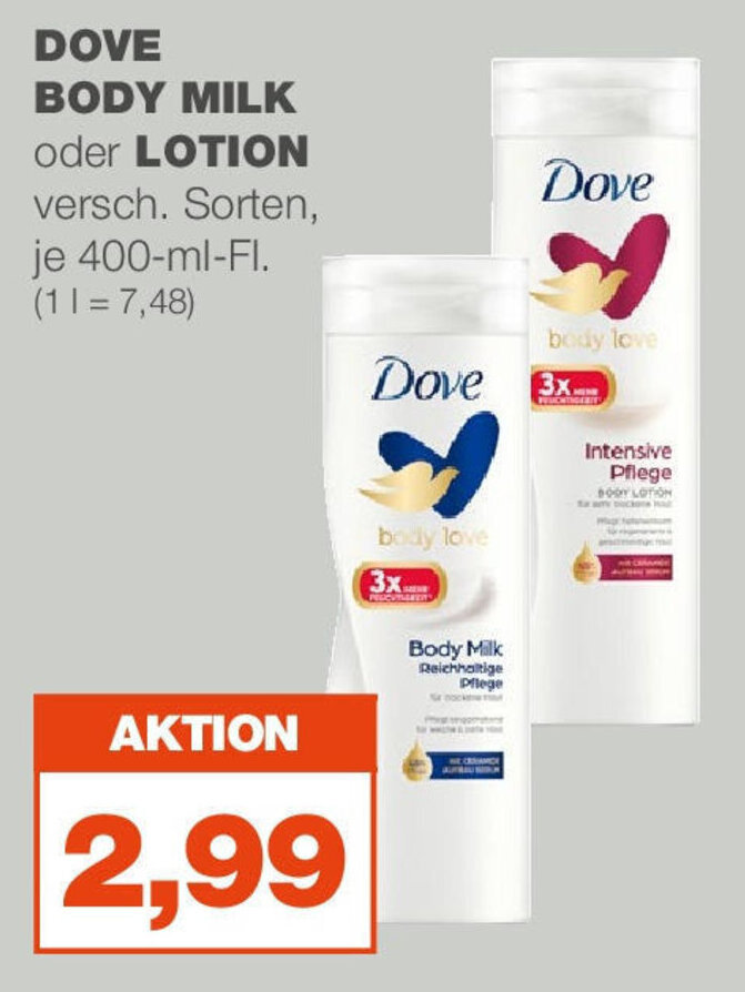 DOVE BODY MILK oder LOTION versch. Sorten, je 400ml Angebot bei mein real