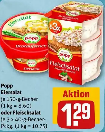 REWE Popp Eiersalat 150g oder Fleischsalat 3x40g Becher Angebot