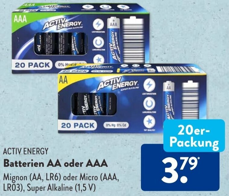 Aldi Süd ACTIV ENERGY Batterien AA oder AAA 20er-Packung Angebot