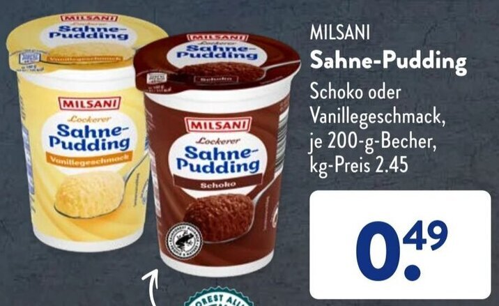 Aldi Süd MILSANI Sahne Pudding 200 g Becher Angebot