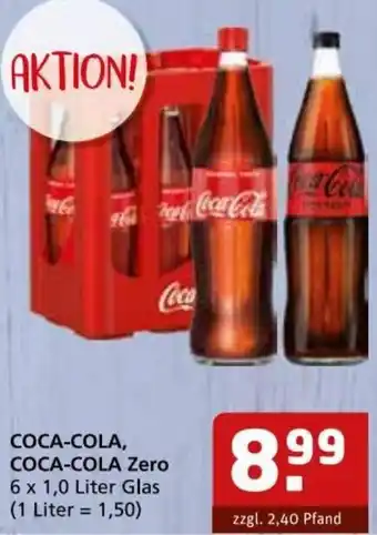 Getränke Quelle COCA-COLA, COCA-COLA Zero 6 x 1,0 Liter Glas Angebot