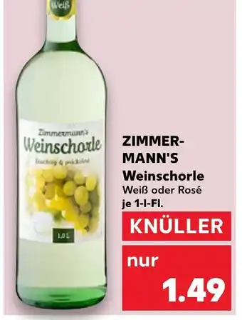 Kaufland ZIMMERMANN'S Weinschorle Weiß oder Rosé je 1-I-FI. Angebot