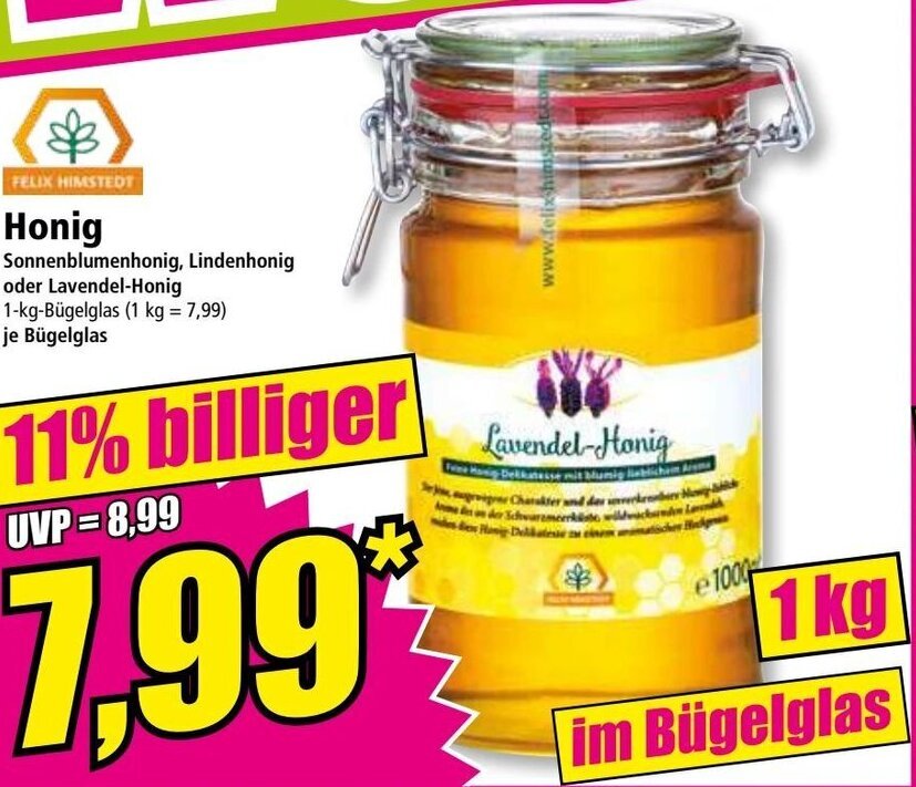 Norma Honig Sonnenblumenhonig, Lindenhonig oder Lavendel-Honig 1-kg-Bügelglas Angebot