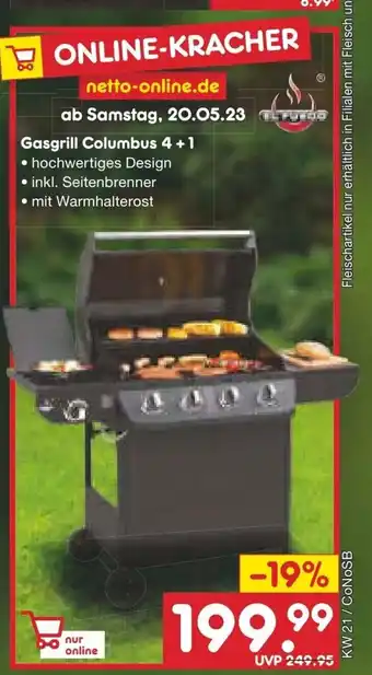 Netto Marken-Discount El Fuego Gasgrill Columbus 4+1 Angebot