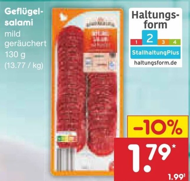 Geflügelsalami mild geräuchert 130 g Angebot bei Netto MarkenDiscount