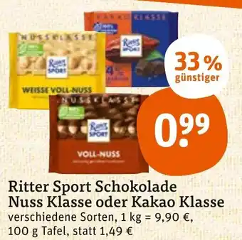 tegut Ritter Sport Schokolade Nuss Klasse oder Kakao Klasse 100 g Tafel Angebot