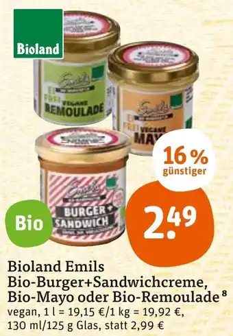 tegut Bioland Emils Bio-Burger+Sandwichcreme, Bio-Mayo oder Bio-Remoulade 130 ml/125 g Glas Angebot