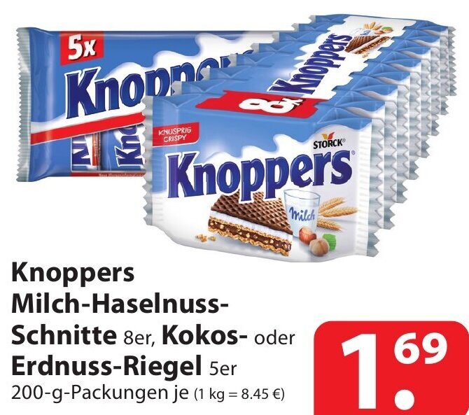 Knoppers MilchHaselnuss Schnitte 8er, Kokos oder ErdnussRiegel 5er