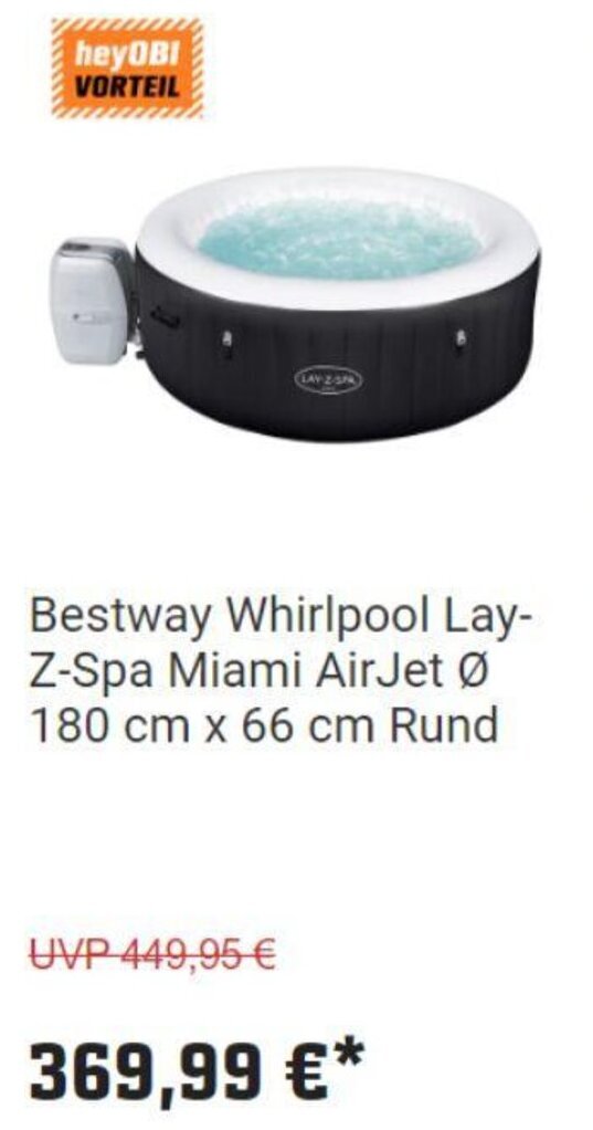OBI Bestway Whirlpool Lay-Z-Spa Miami AirJet Ø 180 cm x 66 cm Rund Angebot