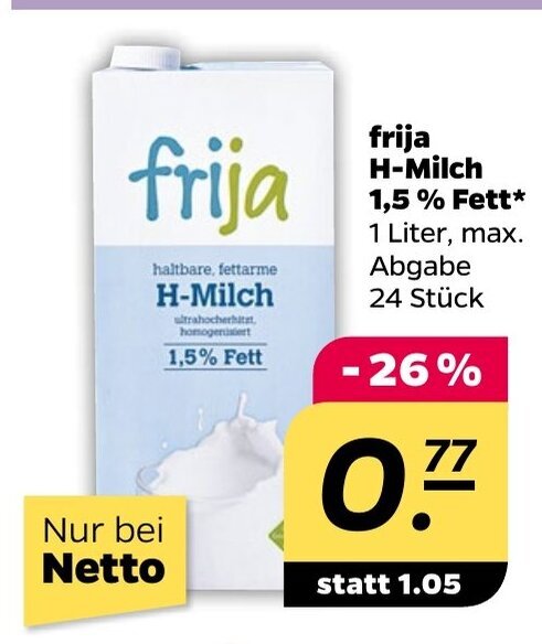NETTO frija H-Milch 1,5 % Fett* Angebot