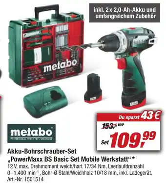 toom Baumarkt metabo Akku-Bohrschrauber-Set ,,PowerMaxx BS Basic Set Mobile Werkstatt" Angebot