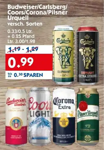 Hol'ab Getränkemarkt Budweiser/Carlsberg/Coors/Corona/Pilsner Urquell 0,33/0,5L Angebot