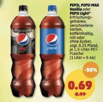 PENNY Pepsi, Pepsi Max Vanilla oder Pepsi Light 1,5L Angebot