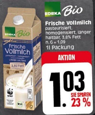 Elli Markt EDEKA Bio Frische Vollmilch 1L Packung Angebot