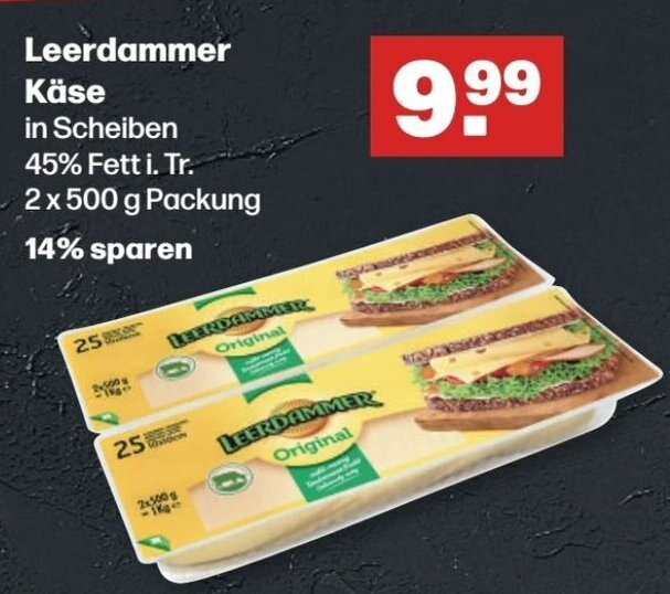 Handelshof Leerdammer Käse 2x500 g Packung Angebot