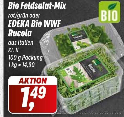 Simmel Bio Feldsalat-Mix rot/grün oder EDEKA Bio WWF Rucola 100g Angebot