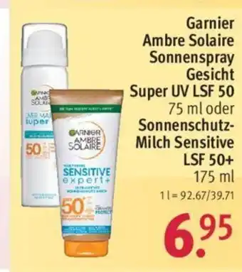 Rossmann Garnier Ambre Solaire Sonnenspray Gesicht Super UV LSF 50 75 ml oder Sonnenschutz-Milch Sensitive LSF 50+ 175 ml Angebot