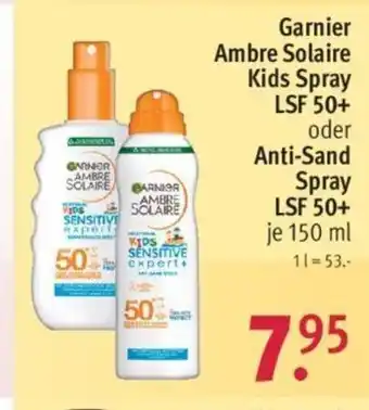 Rossmann Garnier Ambre Solaire Kids Spray LSF 50+ oder Anti-Sand Spray LSF 50+ je 150 ml Angebot