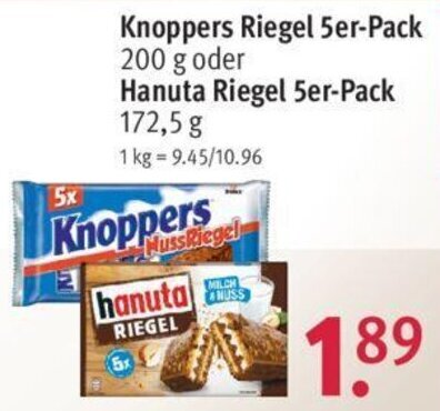 Rossmann Knoppers Riegel 5er-Pack 200 g oder Hanuta Riegel 5er-Pack 172,5 g Angebot