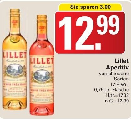 WEZ Lillet Aperitiv 0,75Ltr. Flasche Angebot