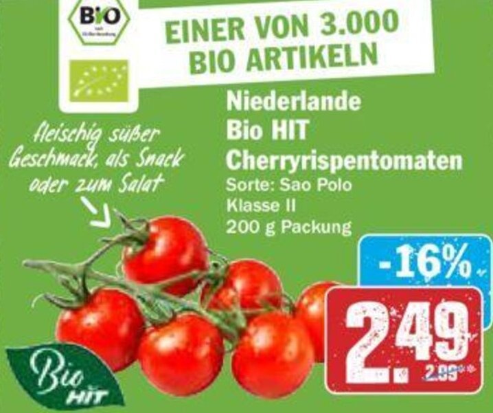Hit Niederlande Bio HIT Cherryrispentomaten 200 g Packung Angebot