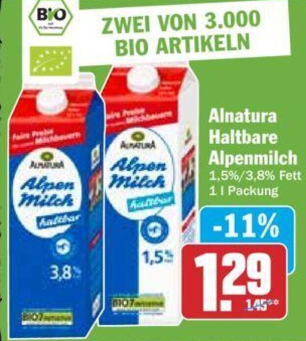 Hit Alnatura Haltbare Alpenmilch 1 L Packung Angebot