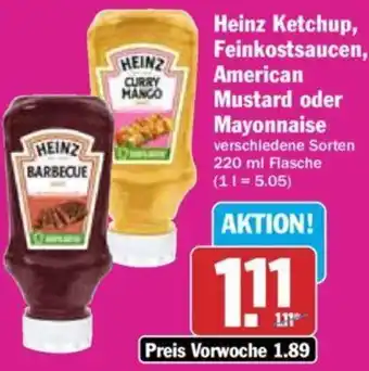 Hit Heinz Ketchup, Feinkostsaucen, American Mustard oder Mayonnaise 220 ml Flasche Angebot