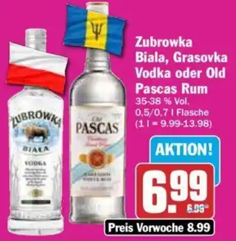 Hit Zubrowka Biala, Grasovka Vodka oder Old Pascas Rum 0,5/0,7 L Flasche Angebot