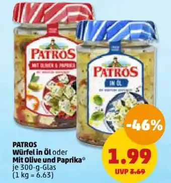 PENNY PATROS Würfel in Öl oder Mit Olive und Paprika* je 300-g-Glas Angebot