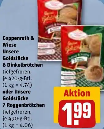 REWE Coppenrath & Wiese Unsere Goldstücke 6 Dinkelbrötchen 420-g-Btl.  oder Unsere Goldstücke 7 Roggenbrötchen 490-g-Btl. Angebot