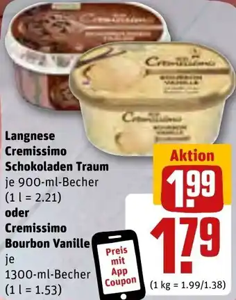 REWE Langnese Cremissimo Schokoladen Traum 900-ml oder Cremissimo Bourbon Vanille 1300-ml-Becher Angebot