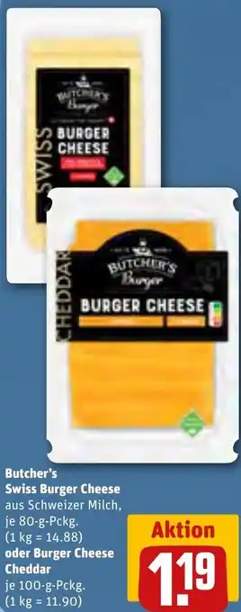 REWE Butcher's Swiss Burger Cheese 80-g oder Burger Cheese Cheddar 100 g Pckg. Angebot