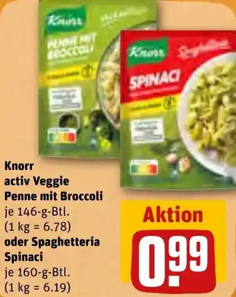 REWE Knorr activ Veggie Penne mit Broccoli 146-g-Btl. oder Spaghetteria Spinaci 160-g-Btl. Angebot
