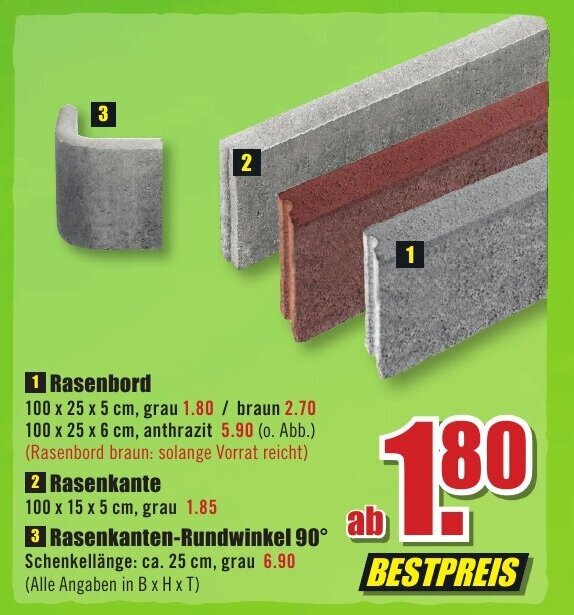 B1 Discount Baumarkt 1 Rasenbord 100 x 25 x 5 cm, grau Angebot