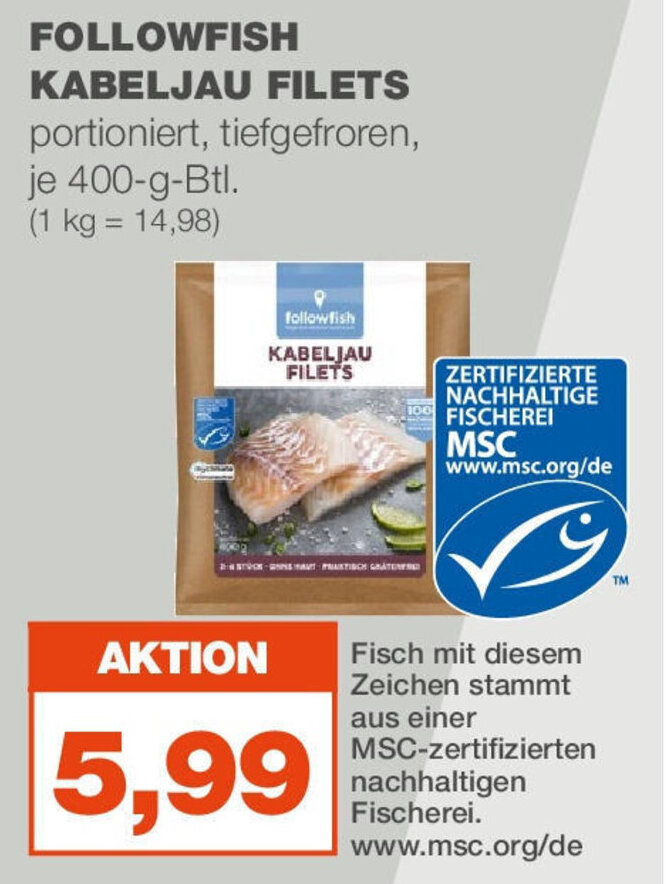 followfish KABELJAU FILETS portioniert, tiefgefroren, je 400-g-Btl ...