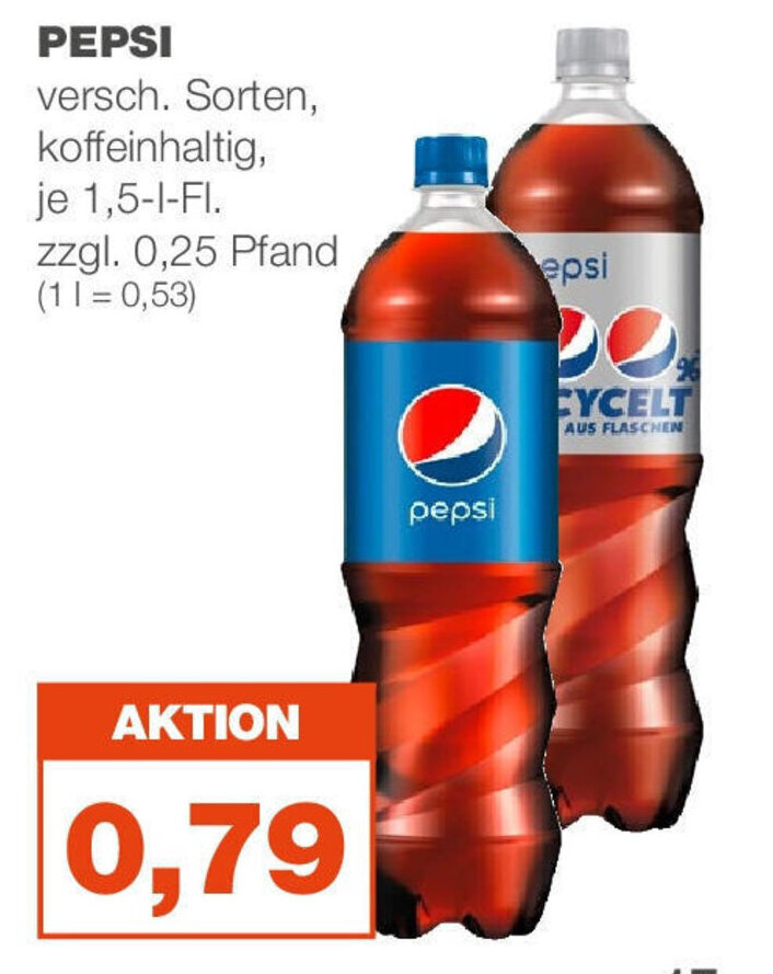 mein real PEPSI versch. Sorten, koffeinhaltig, je 1,5-I-FI. zzgl. 0,25 Pfand (11 = 0,53) Angebot