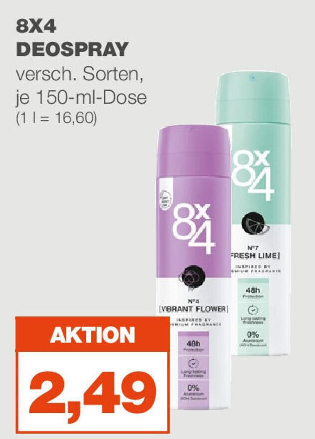 mein real 8X4 DEOSPRAY versch. Sorten, je 150-ml-Dose (11 = 16,60) Angebot