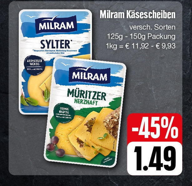 Edeka Milram Käsescheiben versch. Sorten 125g - 150g Packung 1kg = € 11,92 € 9,93 Angebot