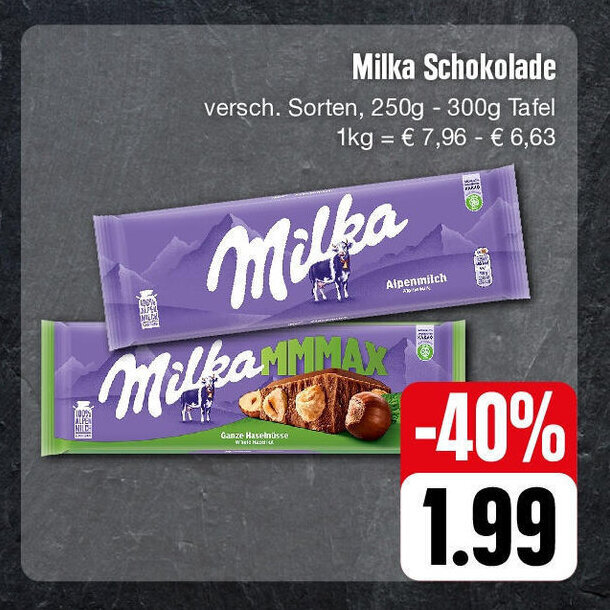 Edeka Milka Schokolade versch. Sorten, 250g - 300g Tafel 1kg = € 7,96 € 6,63 Angebot
