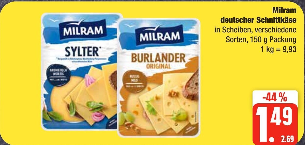 Edeka Frischemarkt Milram deutscher Schnittkäse in Scheiben, verschiedene Sorten, 150 g Packung 1 kg = 9,93 Angebot