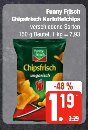 Edeka Frischemarkt Funny Frisch Chipsfrisch Kartoffelchips verschiedene Sorten 150 g Beutel, 1 kg = 7,93 Angebot