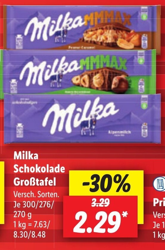 Lidl Milka Schokolade Großtafel . Je 300/276/ 270 g Angebot
