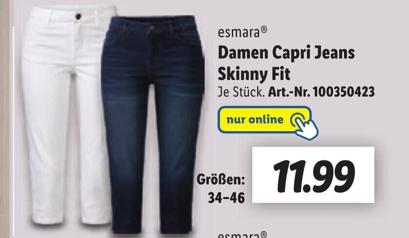 Lidl Damen Capri Jeans Skinny Fit Größen: 34-46 Angebot