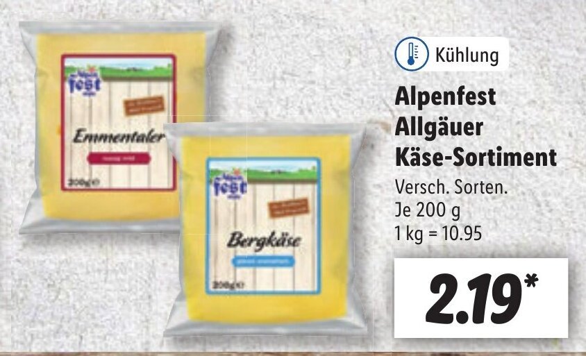 Lidl Alpenfest Allgäuer Käse-Sortiment , 200 Je 200 g Angebot