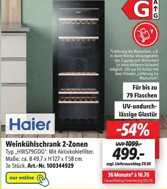 Lidl Weinkühlschrank 2-Zonen Typ ,HWS79GDG". Mit Aktivkohlefilter. Maße: ca. B 49,7 x H 127 x T58 cm. Angebot